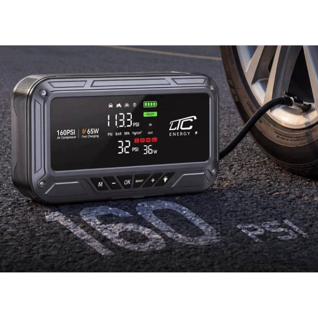 Démarreur d'urgence LTC, 12 000 mAh, avec compresseur, lampe de poche et batterie externe, écran LCD, puissance de 65 W, câbles et housse inclus, LXJS120