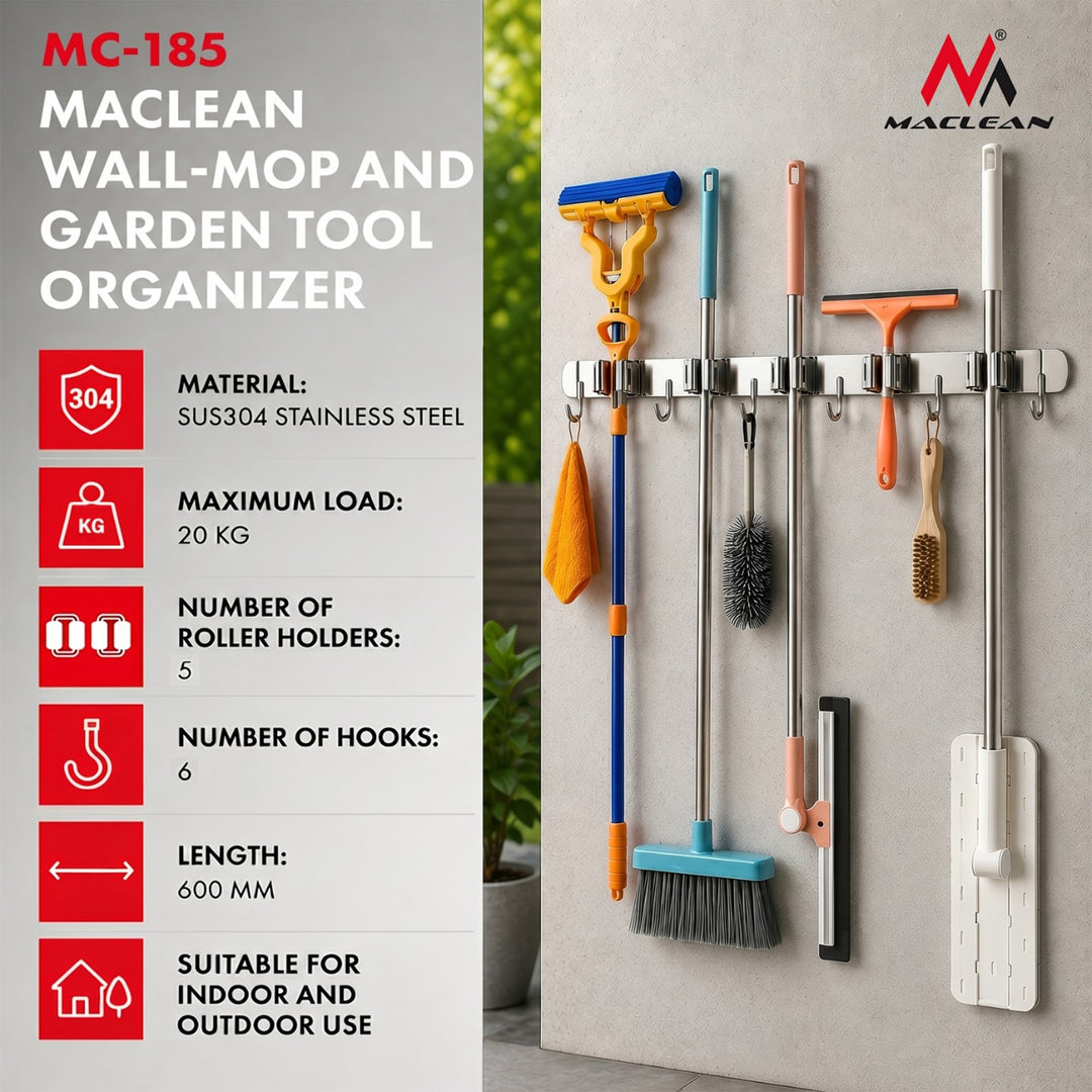 Organiseur mural pour outils de jardinage et balais à franges Maclean, en acier, avec crochets, charge maximale de 20 kg, largeur 60 cm, MC-185, lot de 2 pièces