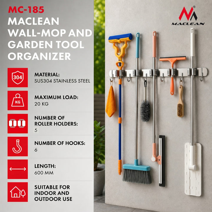 Organiseur mural pour outils de jardinage et balais à franges Maclean, en acier, avec crochets, charge maximale de 20 kg, largeur 60 cm, MC-185, lot de 2 pièces
