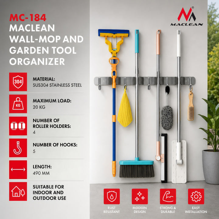Organiseur mural pour outils de jardin et balais à franges Maclean, en acier, avec crochets, charge maximale de 20 kg, largeur 49 cm, MC-184, lot de 2