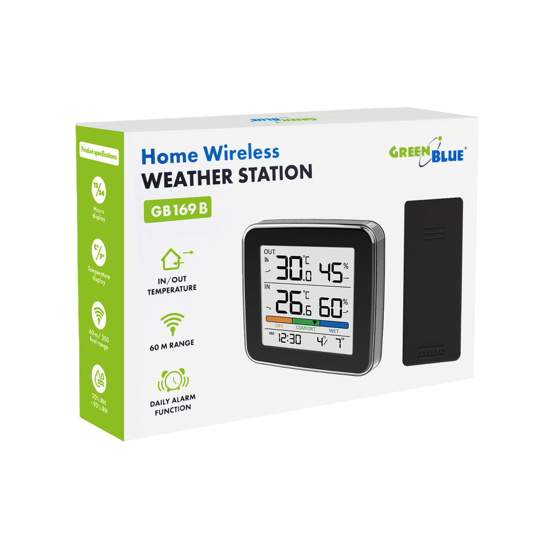 Station météo sans fil GreenBlue, température et humidité (intérieure/extérieure), horloge, alarme et date, °C / °F, portée jusqu’à 60 m, noire, GB169 B + 4 piles alcalines AAA Varta Industrial