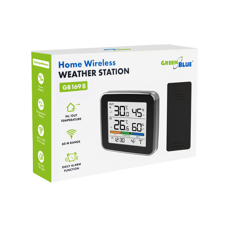 Station météo sans fil GreenBlue, température et humidité (intérieure/extérieure), horloge, alarme et date, °C / °F, portée jusqu’à 60 m, noire, GB169 B + 4 piles alcalines AAA Varta Industrial