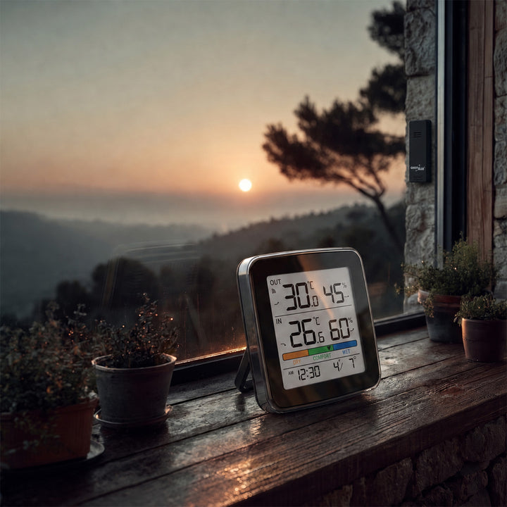 Station météo sans fil GreenBlue, température et humidité (intérieure/extérieure), horloge, alarme et date, °C / °F, portée jusqu’à 60 m, noire, GB169 B + 4 piles alcalines AAA Varta Industrial