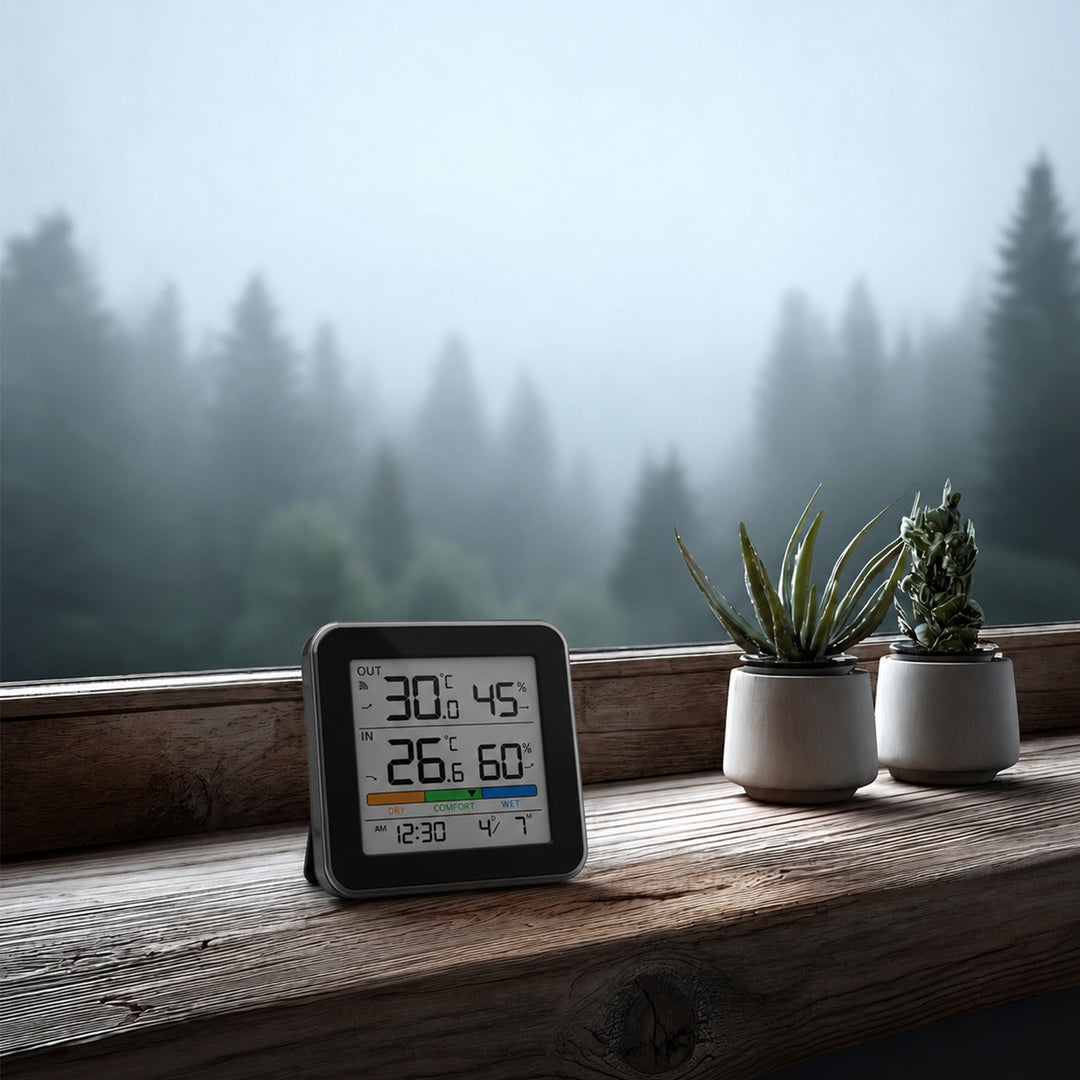 Station météo sans fil GreenBlue, température et humidité (intérieure/extérieure), horloge, alarme et date, °C / °F, portée jusqu’à 60 m, noire, GB169 B + 4 piles alcalines AAA Varta Industrial