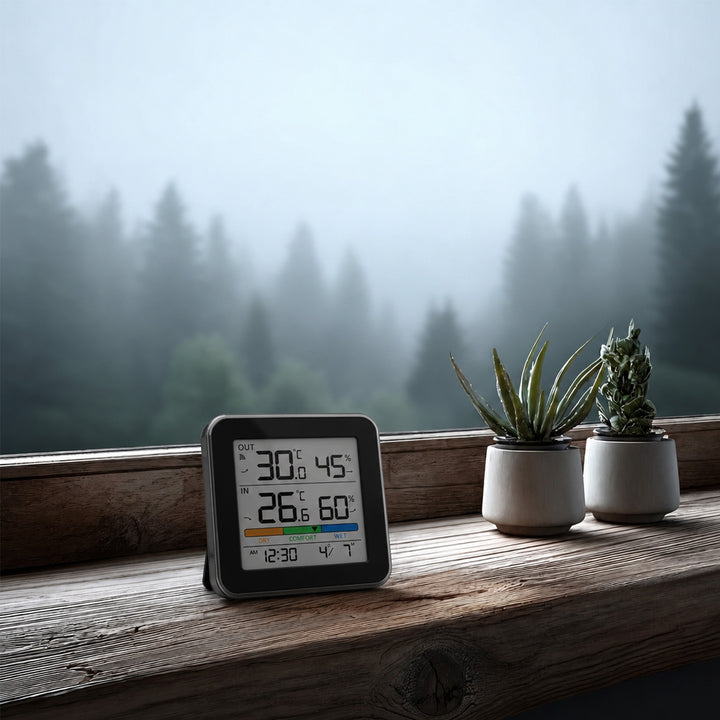 Station météo sans fil GreenBlue, température et humidité (intérieure/extérieure), horloge, alarme et date, °C / °F, portée jusqu’à 60 m, noire, GB169 B + 4 piles alcalines AAA Varta Industrial