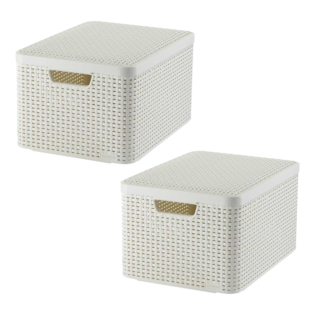 Panier Curver, polyvalent, avec couvercle, couleur crème, Rattan Style L, lot de 2