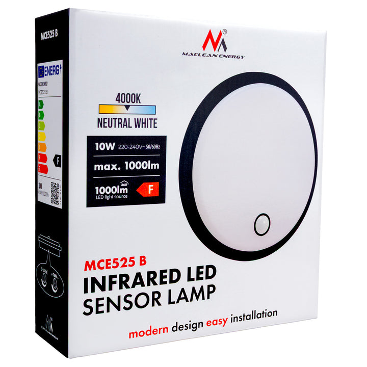 Lampe LED avec détecteur de mouvement Maclean, capteur PIR, couleur noire, 10 W, IP65, 1 000 lm, lumière neutre, MCE525 B, lot de 2