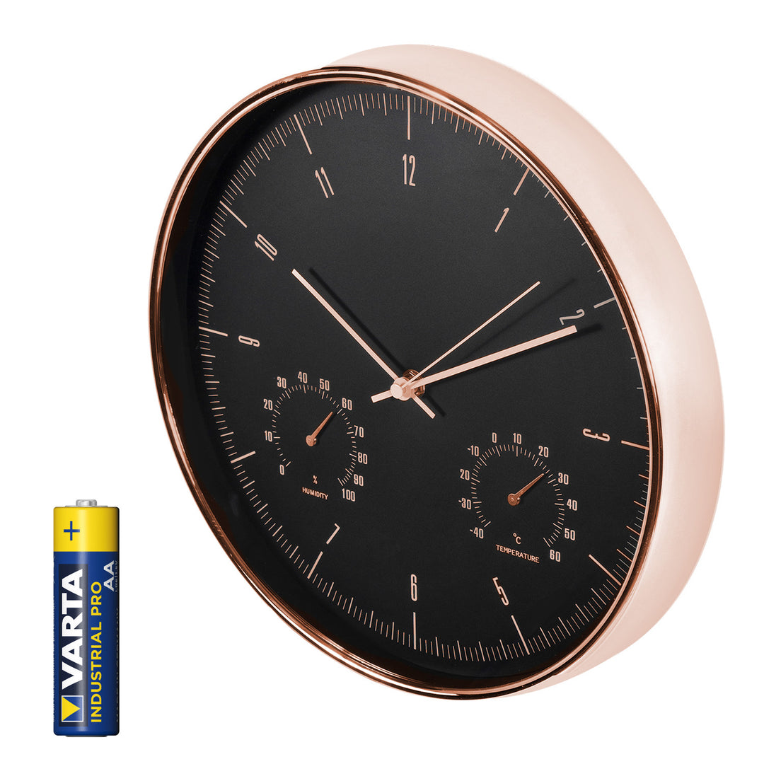 Horloge murale dorée 12 pouces (30 cm) avec thermomètre et hygromètre CE70 G + pile alcaline R-06 LR6 AA 1,5 V Varta Industrial
