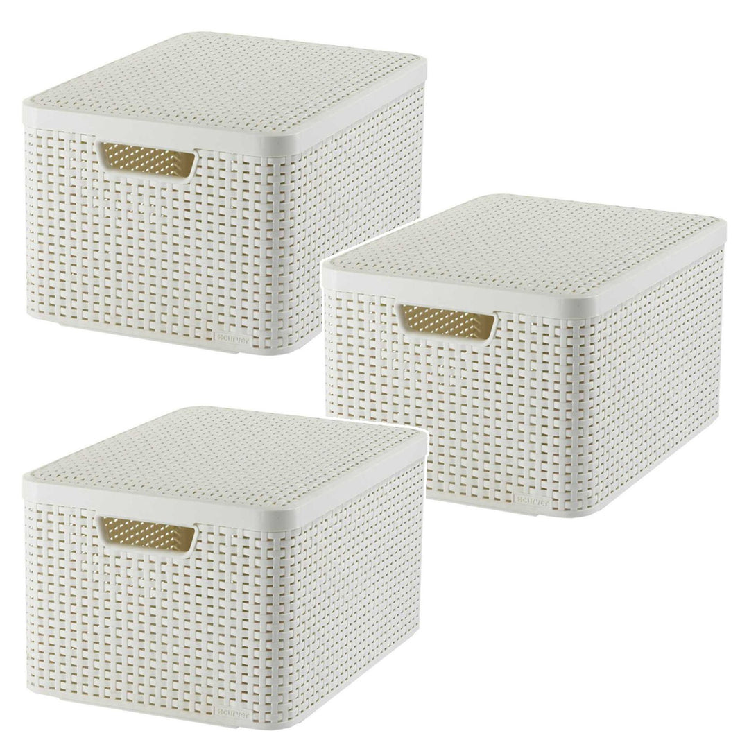 Panier Curver, polyvalent, avec couvercle, couleur crème, Rattan Style L, lot de 3