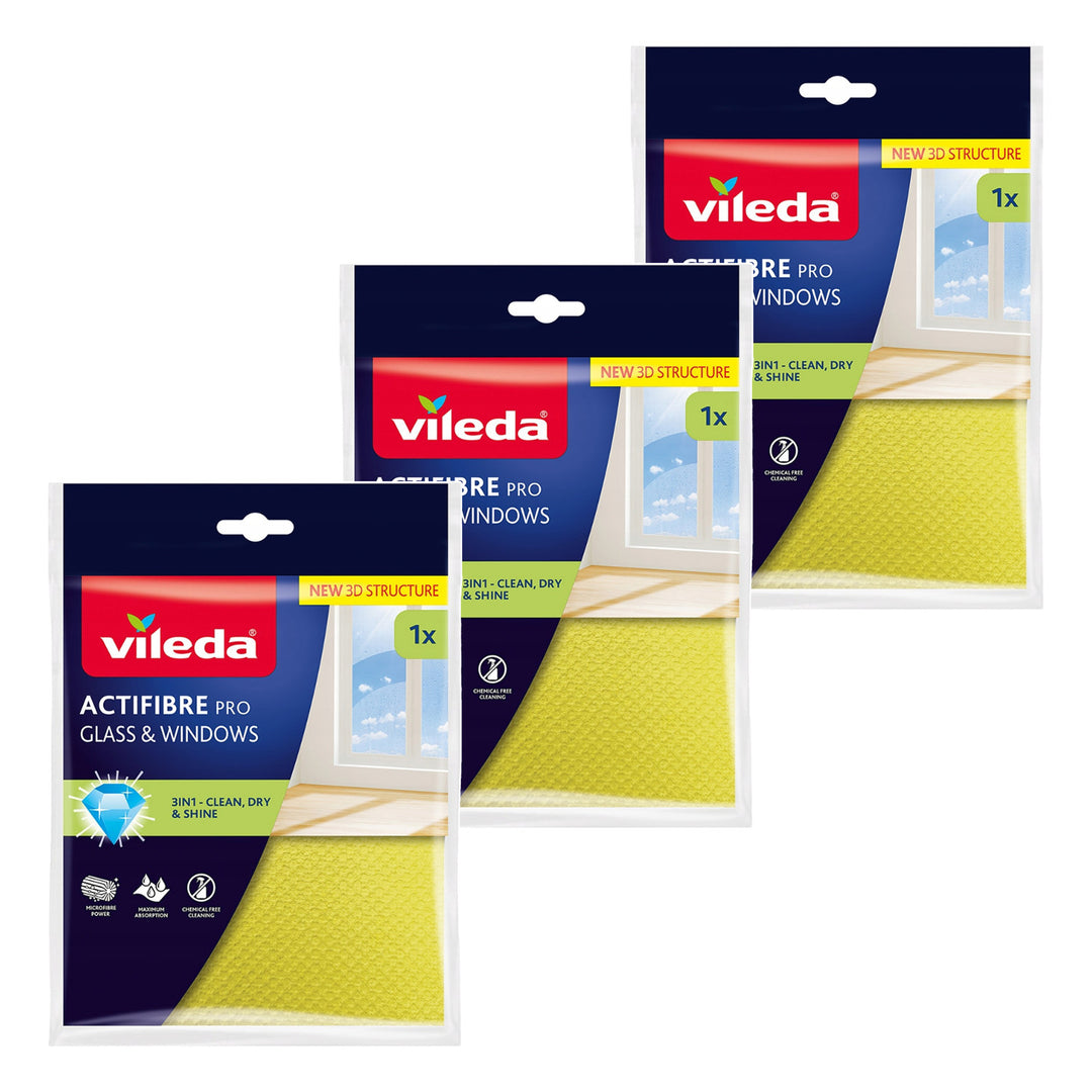 Chiffon Vileda Actifibre Pro pour vitres et fenêtres, lavable en machine, revêtement en PVA, ne laisse ni traces ni taches, nettoie à l'eau seule, 183298, lot de 3