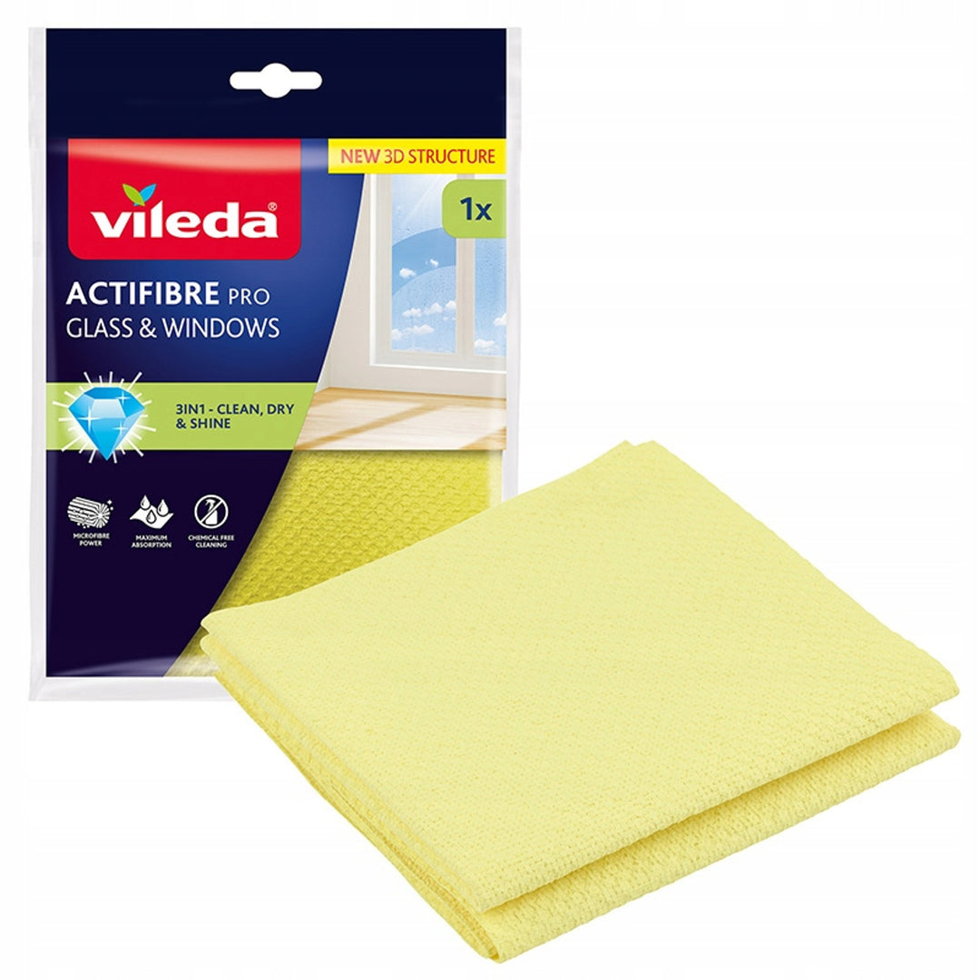 Chiffon Vileda Actifibre Pro pour vitres et fenêtres, lavable en machine, revêtement en PVA, ne laisse ni traces ni taches, nettoie à l'eau seule, 183298, lot de 4