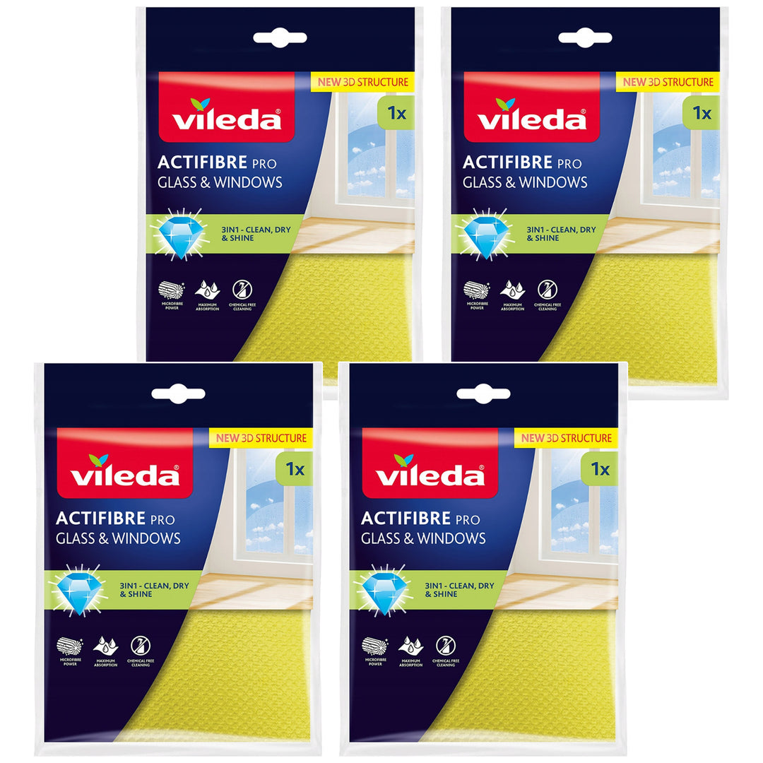 Chiffon Vileda Actifibre Pro pour vitres et fenêtres, lavable en machine, revêtement en PVA, ne laisse ni traces ni taches, nettoie à l'eau seule, 183298, lot de 4