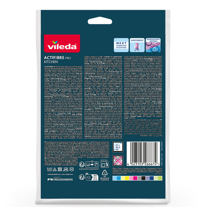 Chiffon Vileda Actifibre Pro, de cuisine, en microfibre, revêtement en PVA, lavable jusqu'à 60 °C, 183303, lot de 3