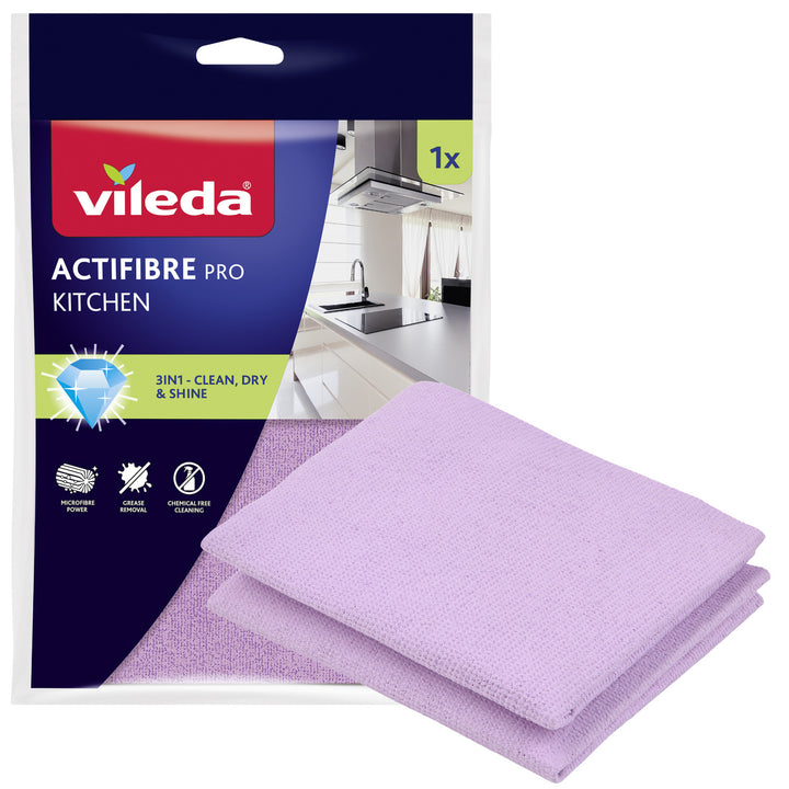 Chiffon Vileda Actifibre Pro, de cuisine, en microfibre, revêtement en PVA, lavable jusqu'à 60 °C, 183303, lot de 4