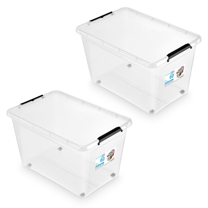 Bac Moxom SimpleStore, capacité 60 L, transparent, couvercle à clips, équipé de roulettes, sans BPA, 04-0081, 2 pièces