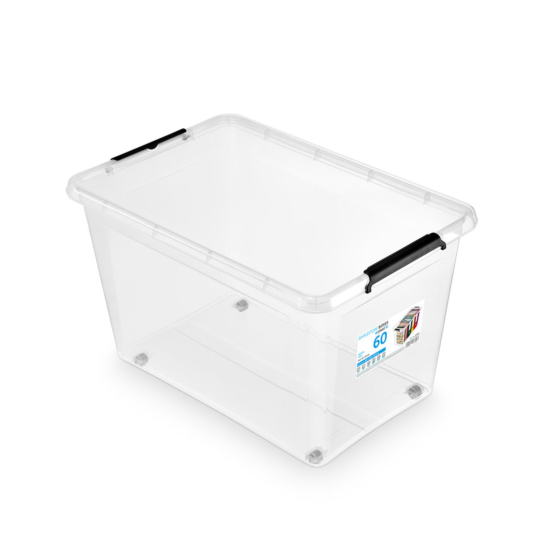 Bac Moxom SimpleStore, capacité 60 L, transparent, couvercle à clips, équipé de roulettes, sans BPA, 04-0081, lot de 3