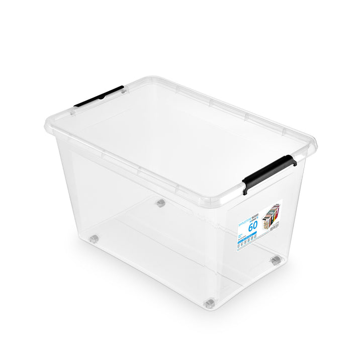 Bac Moxom SimpleStore, capacité 60 L, transparent, couvercle à clips, équipé de roulettes, sans BPA, 04-0081, lot de 4