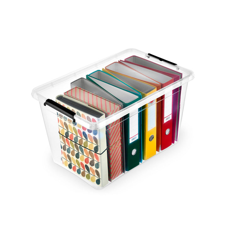 Bac Moxom SimpleStore, capacité 60 L, transparent, couvercle à clips, équipé de roulettes, sans BPA, 04-0081, lot de 4
