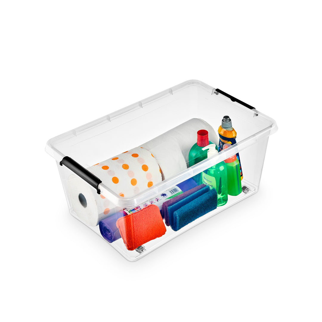 Bac Moxom SimpleStore, capacité 40 L, transparent, couvercle à clips, équipé de roulettes, sans BPA, 04-0076, lot de 3