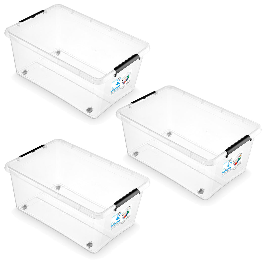 Bac Moxom SimpleStore, capacité 40 L, transparent, couvercle à clips, équipé de roulettes, sans BPA, 04-0076, lot de 3