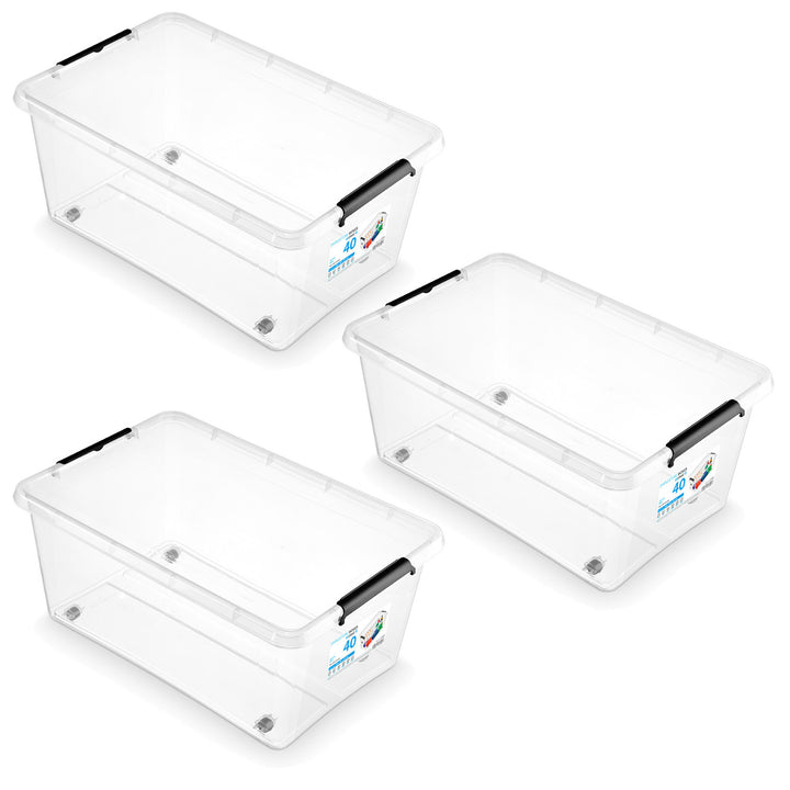 Bac Moxom SimpleStore, capacité 40 L, transparent, couvercle à clips, équipé de roulettes, sans BPA, 04-0076, lot de 3