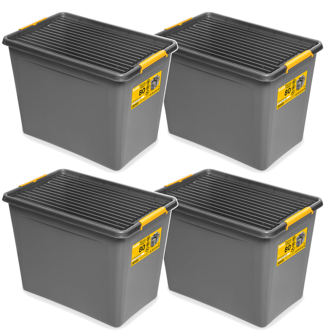 Bac Moxom SolidStore, capacité 80 L, gris, couvercle à clips, équipé de roulettes, sans BPA, 04-0217, lot de 4