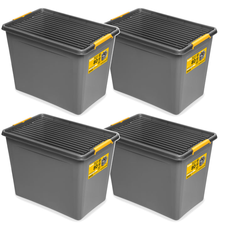 Bac Moxom SolidStore, capacité 80 L, gris, couvercle à clips, équipé de roulettes, sans BPA, 04-0217, lot de 4