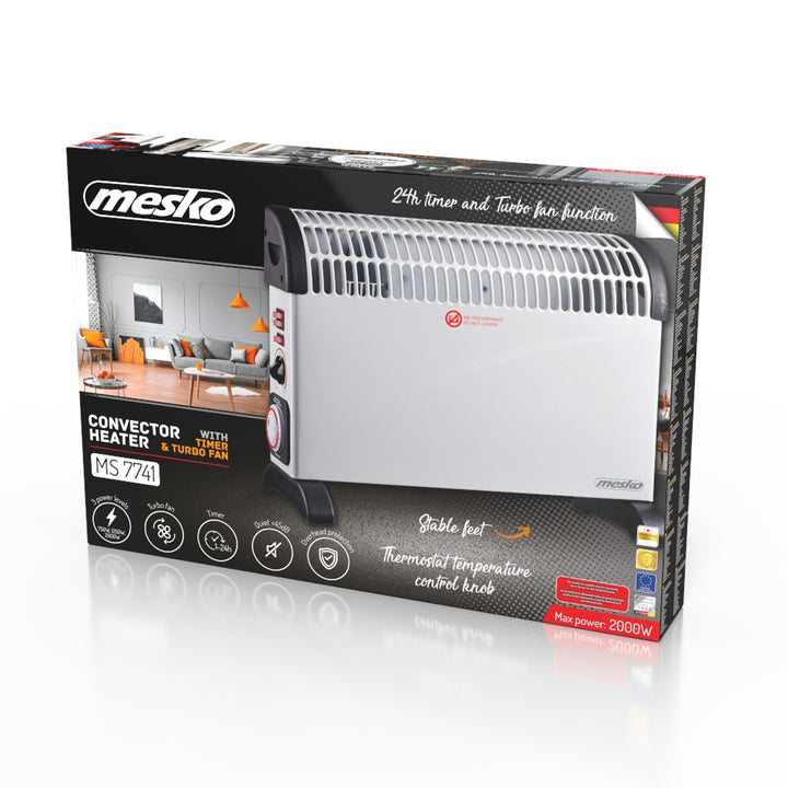 Radiateur à convection, électrique, avec thermostat, 2 000 W, minuterie 24 h, blanc, cordon d'alimentation de 150 cm, Mesko, MS 7741W
