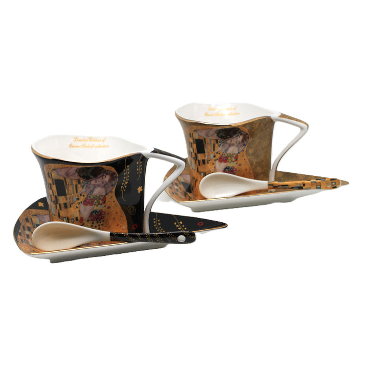 Tasses en porcelaine Klimt « Le Baiser » 2 x 180 ml avec cuillères, Queen Isabell