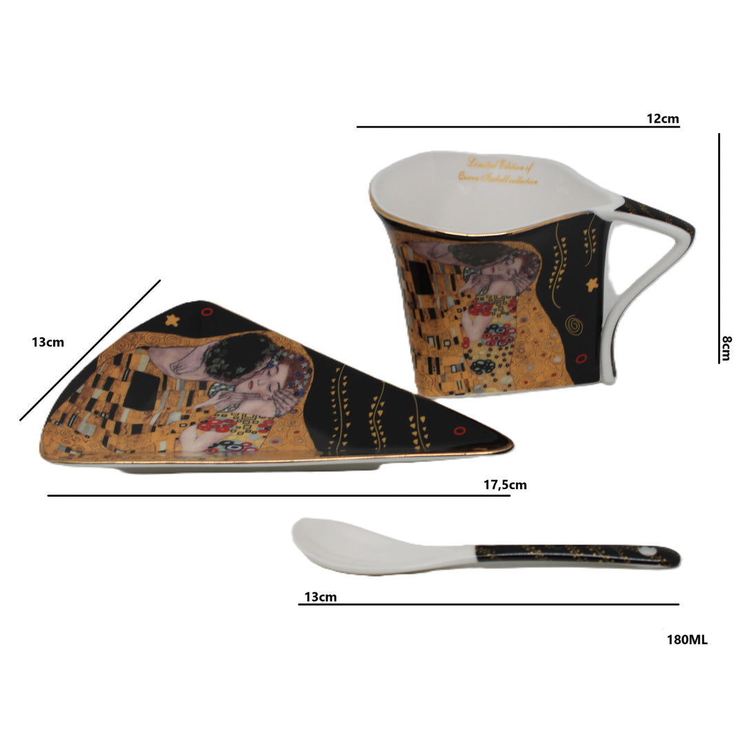 Tasses en porcelaine Klimt « Le Baiser » 2 x 180 ml avec cuillères, Queen Isabell