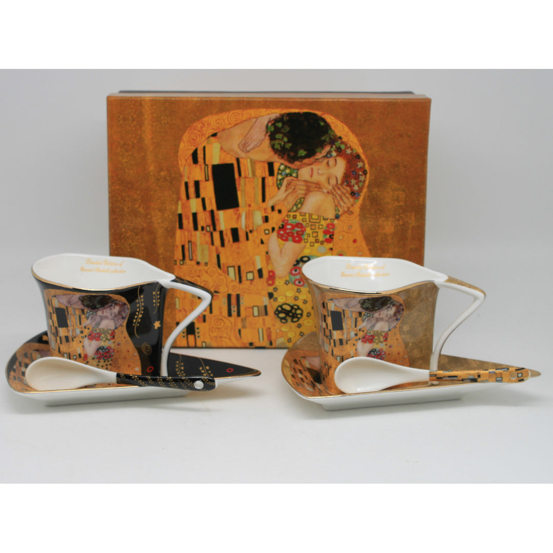 Tasses en porcelaine Klimt « Le Baiser » 2 x 180 ml avec cuillères, Queen Isabell