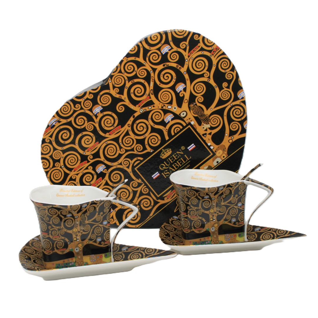 Tasses en porcelaine Klimt « L'Arbre de vie », 2 x 180 ml, avec cuillères, Queen Isabell
