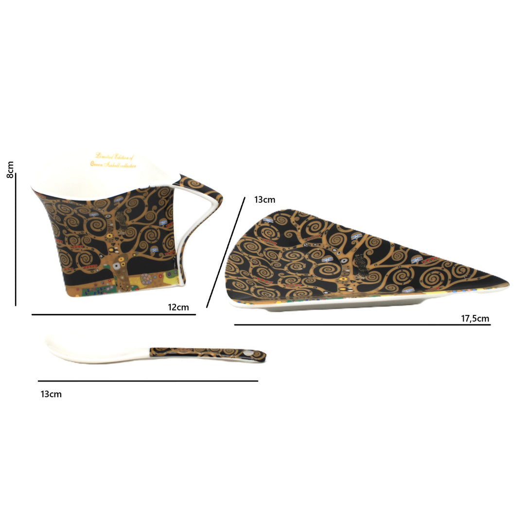 Tasses en porcelaine Klimt « L'Arbre de vie », 2 x 180 ml, avec cuillères, Queen Isabell