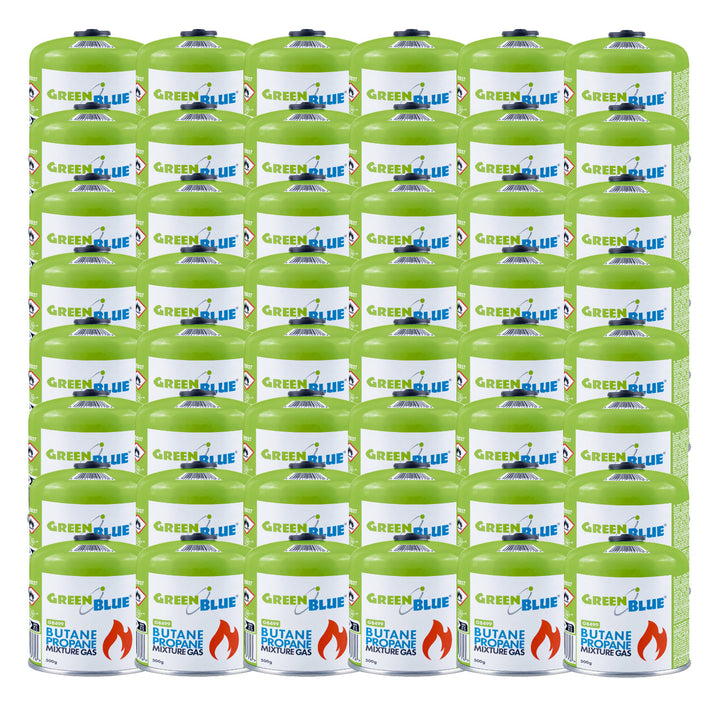 Cartouche de gaz GreenBlue de 500 g. Certificat : Pi 0437, conforme à la norme EN 417, butane-propane, plage de température de -10 °C à +40 °C, raccord 7/16", GB499, lot de 48 pièces