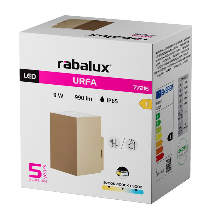 Applique d'extérieur, Urfa, LED 9 W, 900 lm, température de couleur 2 700, 4 000, 6 500 K, H 11,5 cm, IP65, gris-beige, 77216