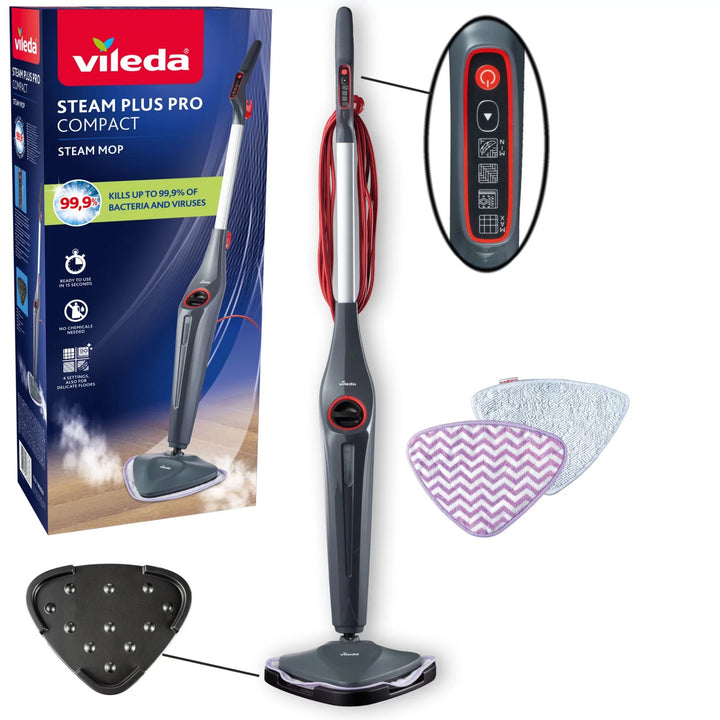 Balai à vapeur Vileda Steam Plus Pro, élimine 99,9 % des bactéries, chauffe rapidement, convient à tous les types de sols, 180839