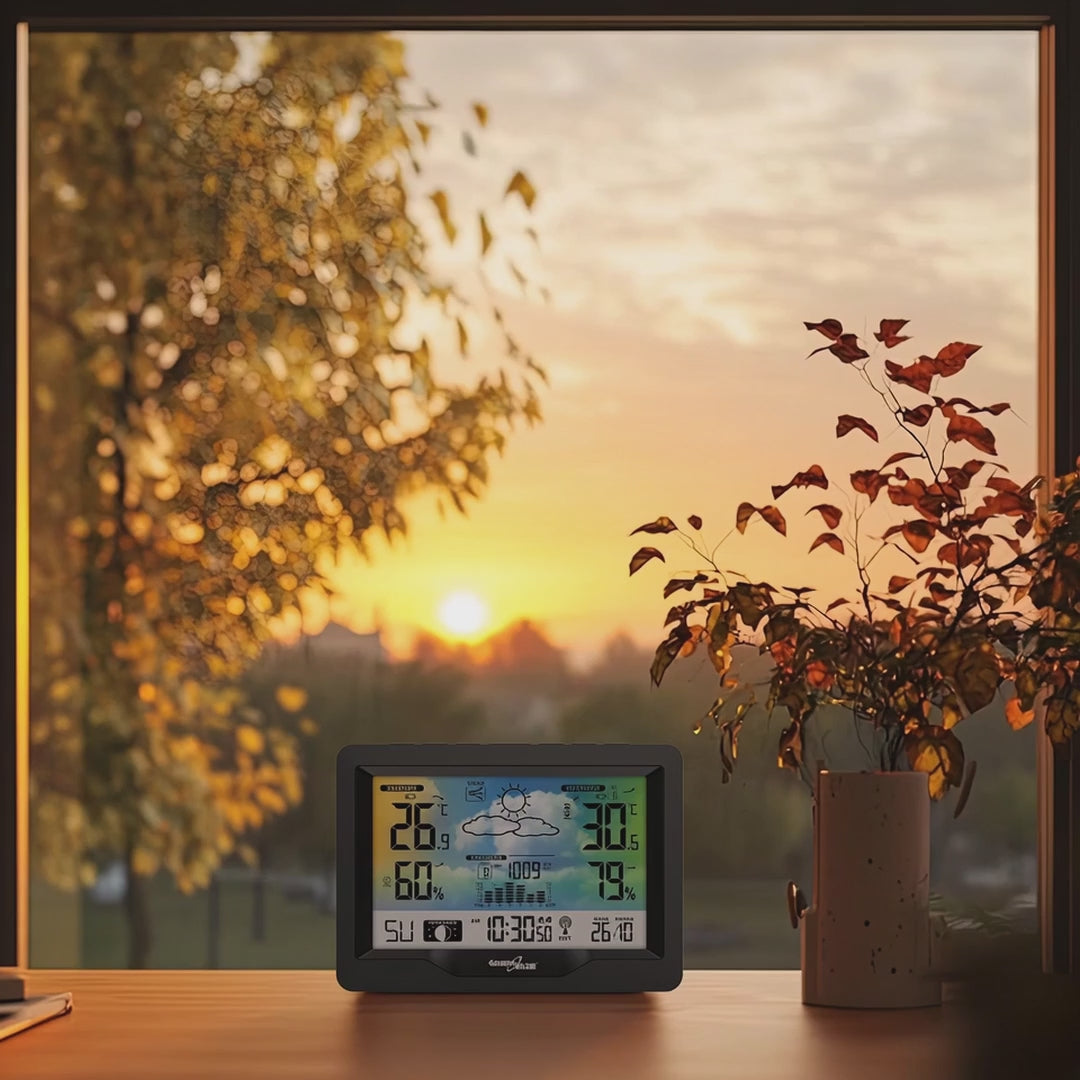 GreenBlue draadloos weerstation, kleur, met DCF, maanstanden, barometer, kalender, voeding, GB540N