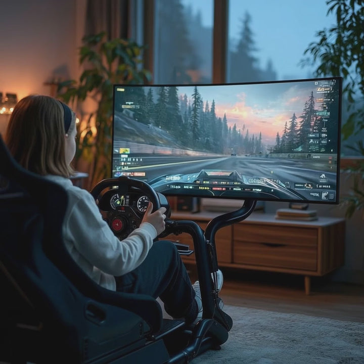 Simulateur de course Cockpit 3 en 1 Siège de jeu jusqu'à 130kg Support de levier de vitesse Support de volant Support TV jusqu'à 50" Max. Vesa 400x200 ...